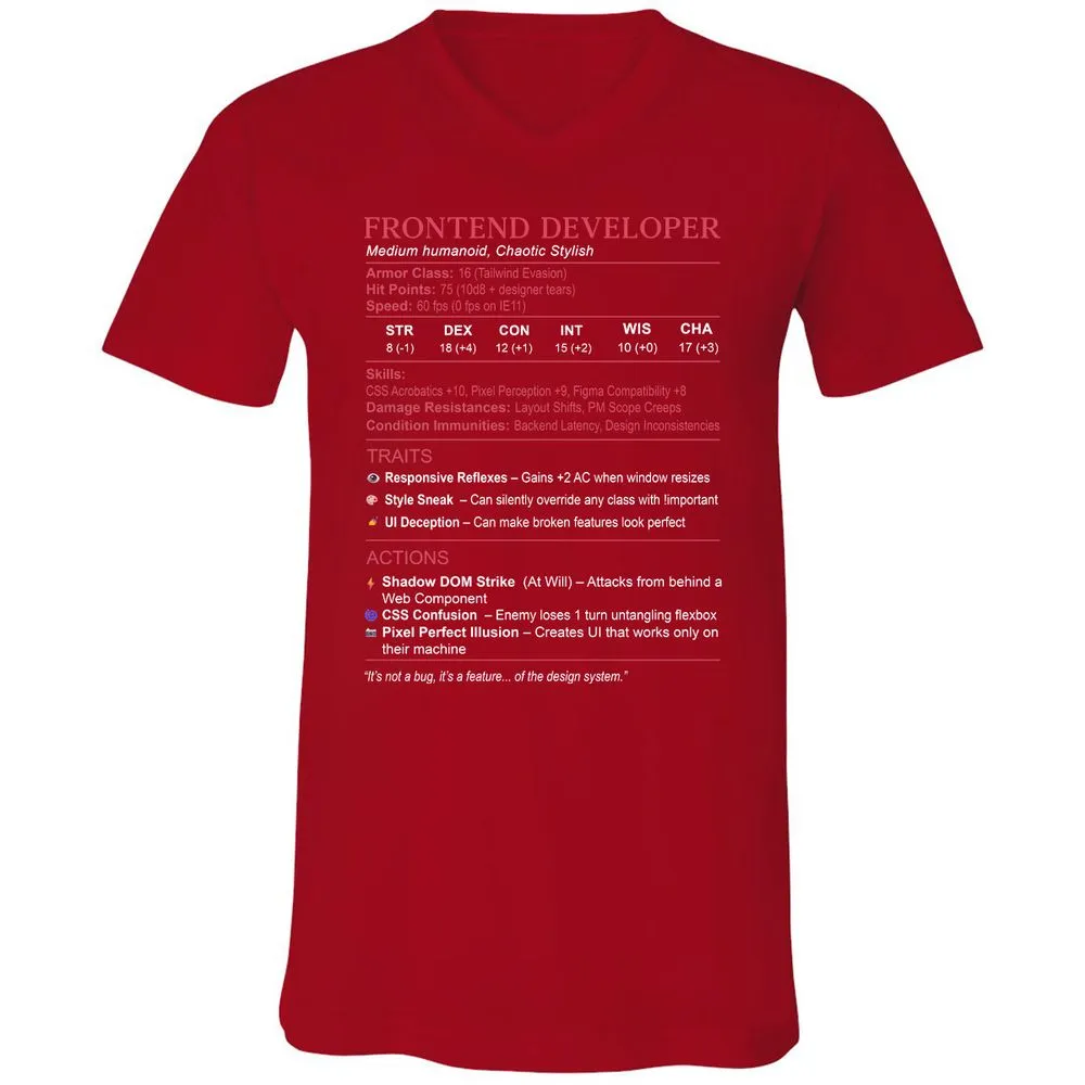 Frontend Developer Stats Unisex V-Neck T-Shirt - Red - 3