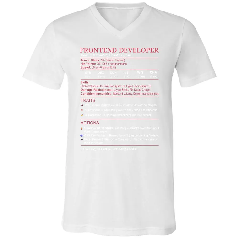 Frontend Developer Stats Unisex V-Neck T-Shirt - White - 5