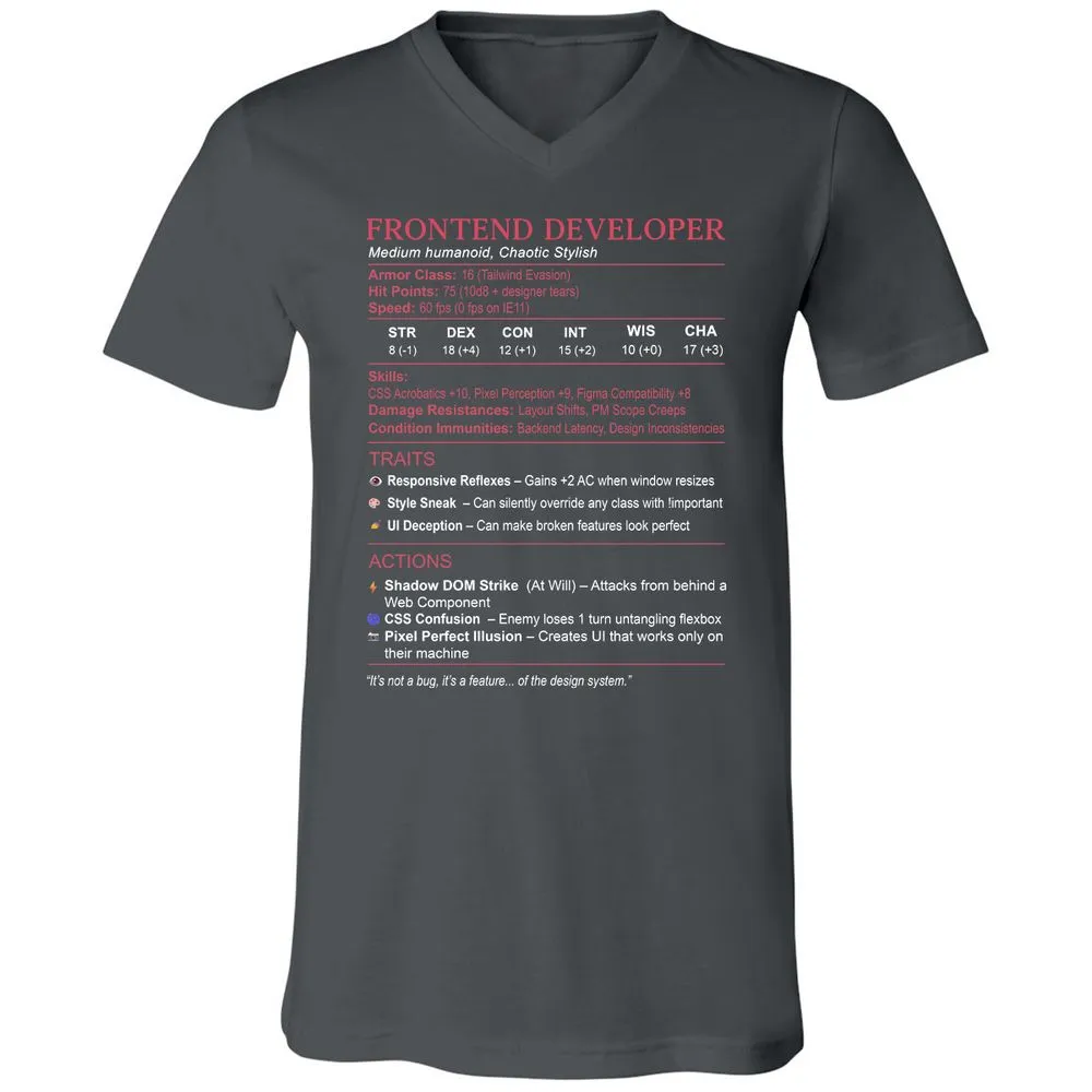 Frontend Developer Stats Unisex V-Neck T-Shirt - Asphalt - 12
