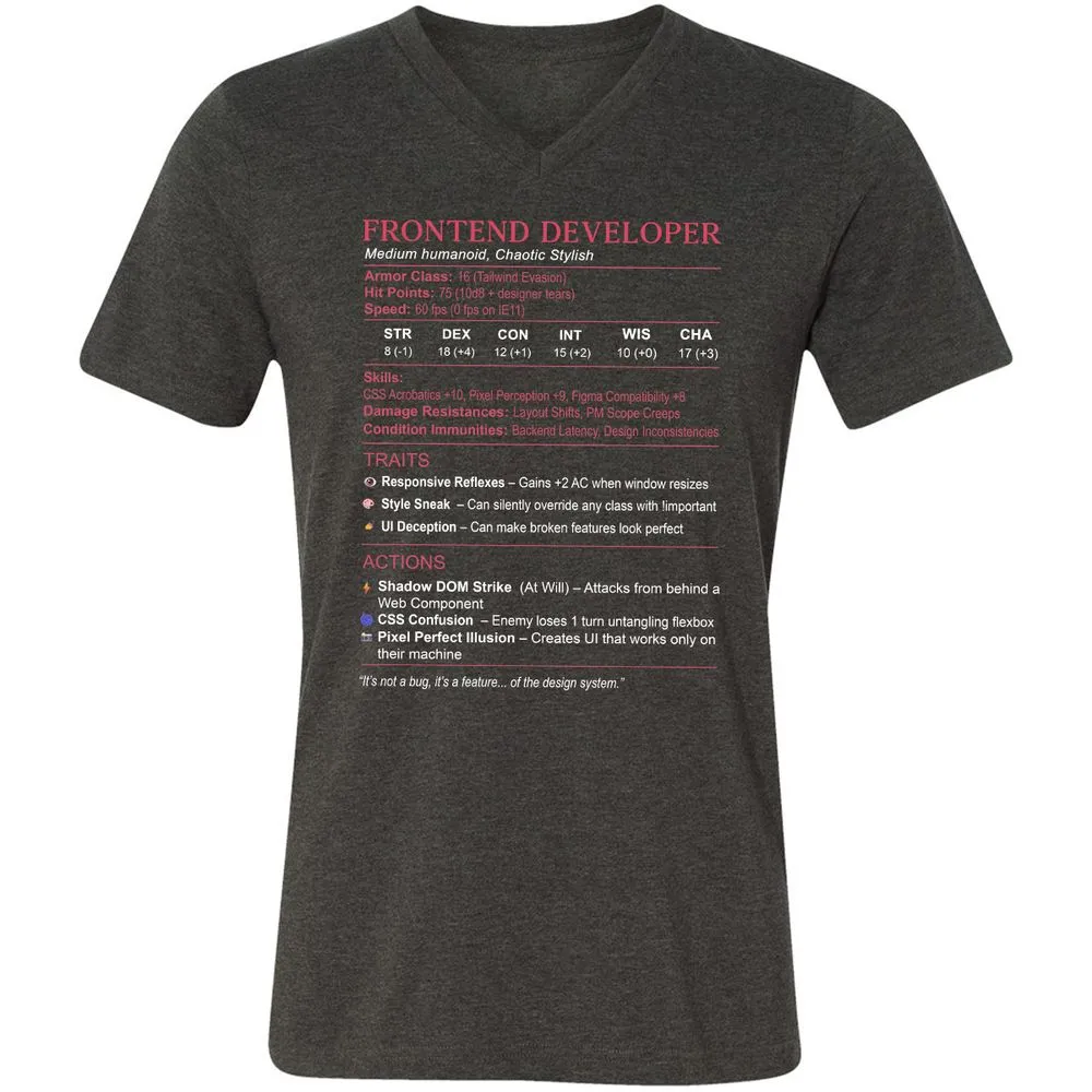 Frontend Developer Stats Unisex V-Neck T-Shirt - Dark Grey Heather - 8