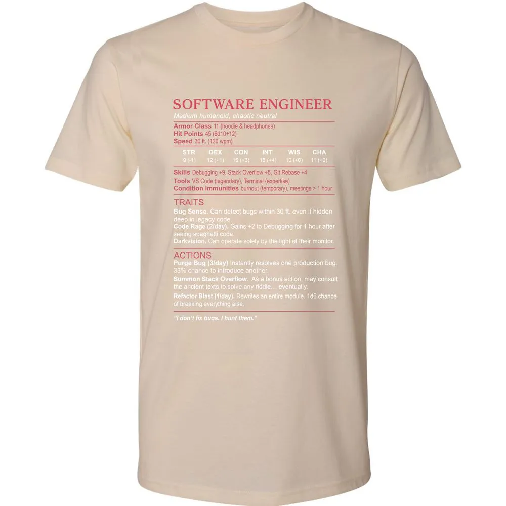 Software Engineer Stats Premium Unisex T-Shirt - Cream - 14