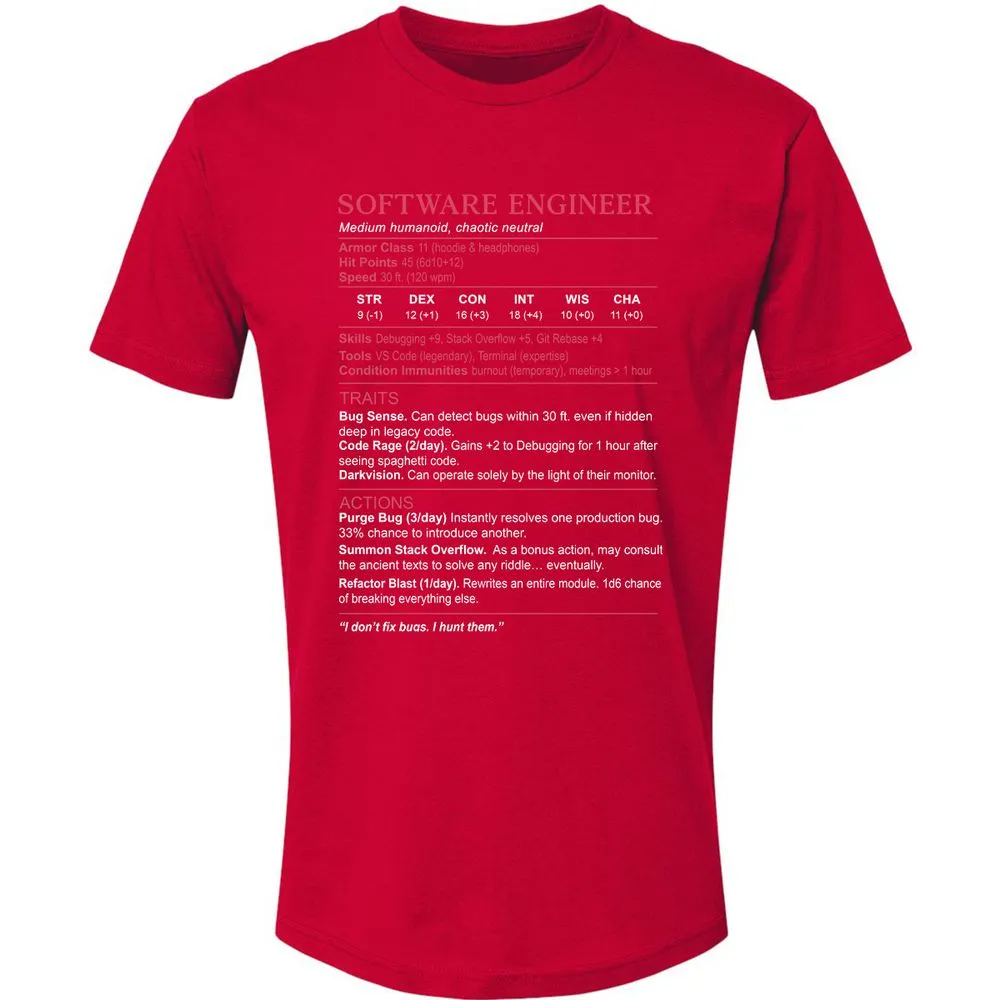 Software Engineer Stats Premium Unisex T-Shirt - Red - 6
