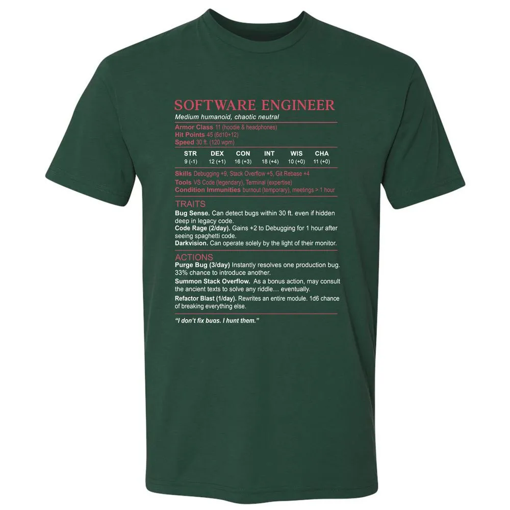 Software Engineer Stats Premium Unisex T-Shirt - Forest Green - 13