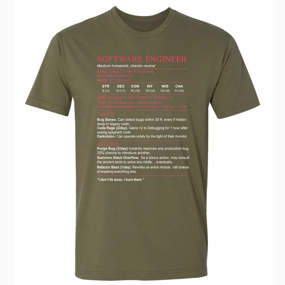 Software Engineer Stats Premium Unisex T-Shirt - Military Green - 5
