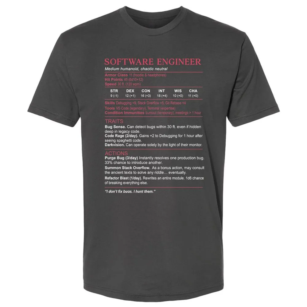 Software Engineer Stats Premium Unisex T-Shirt - Heavy Metal - 8