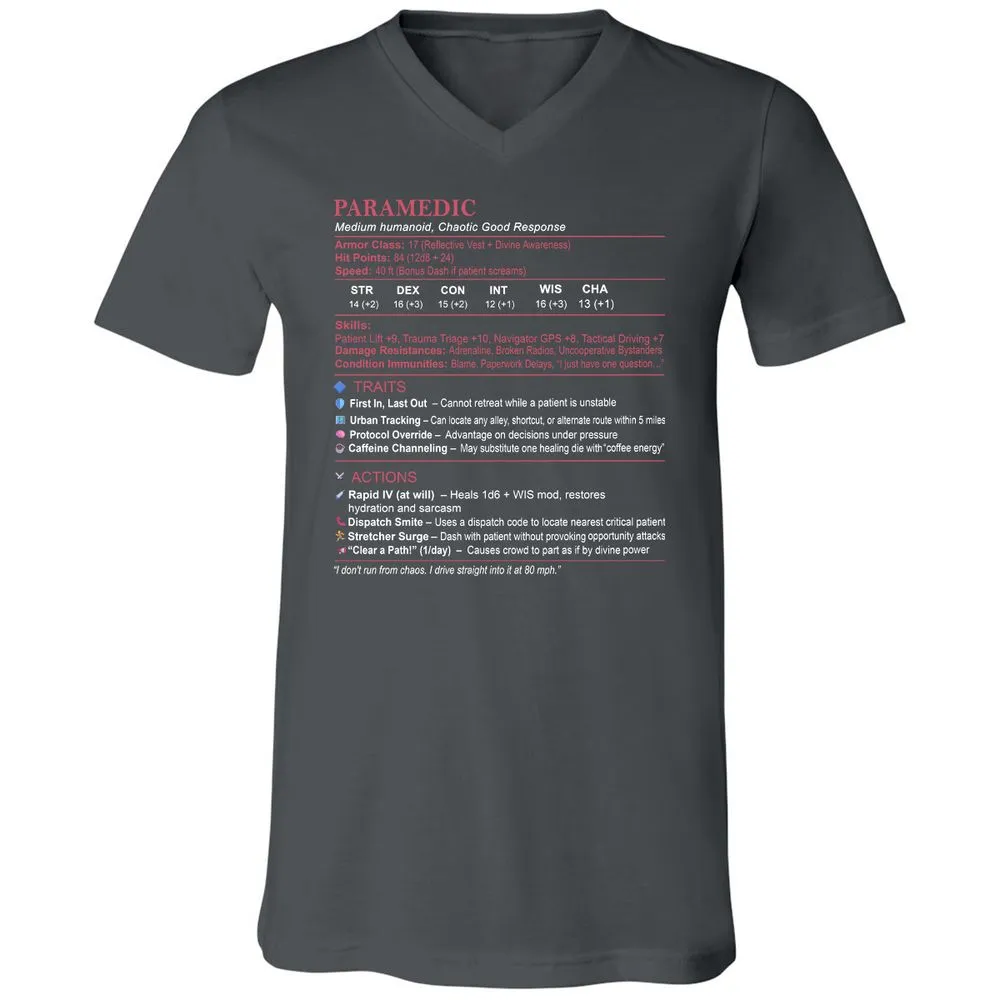 Paramedic Stats Unisex V-Neck T-Shirt - Asphalt - 12
