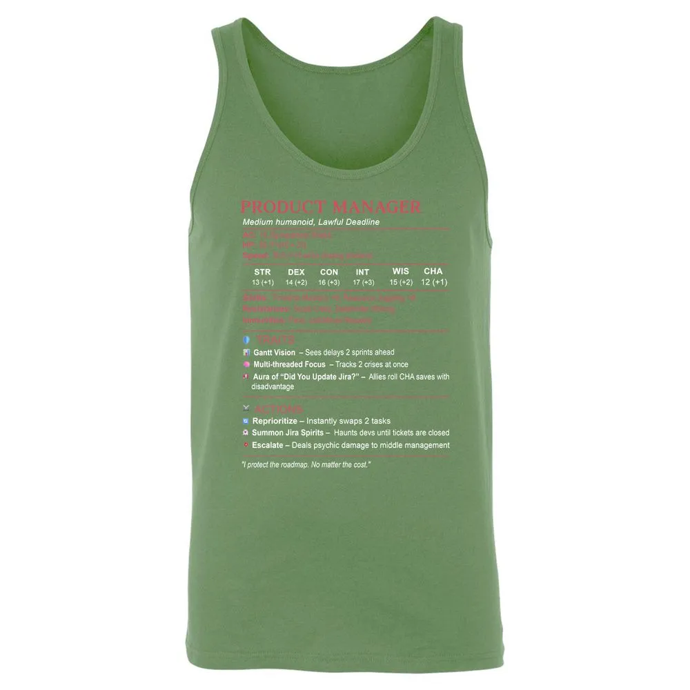 Product Manager Stats (PM) Unisex Jersey Tank - Leaf - 10