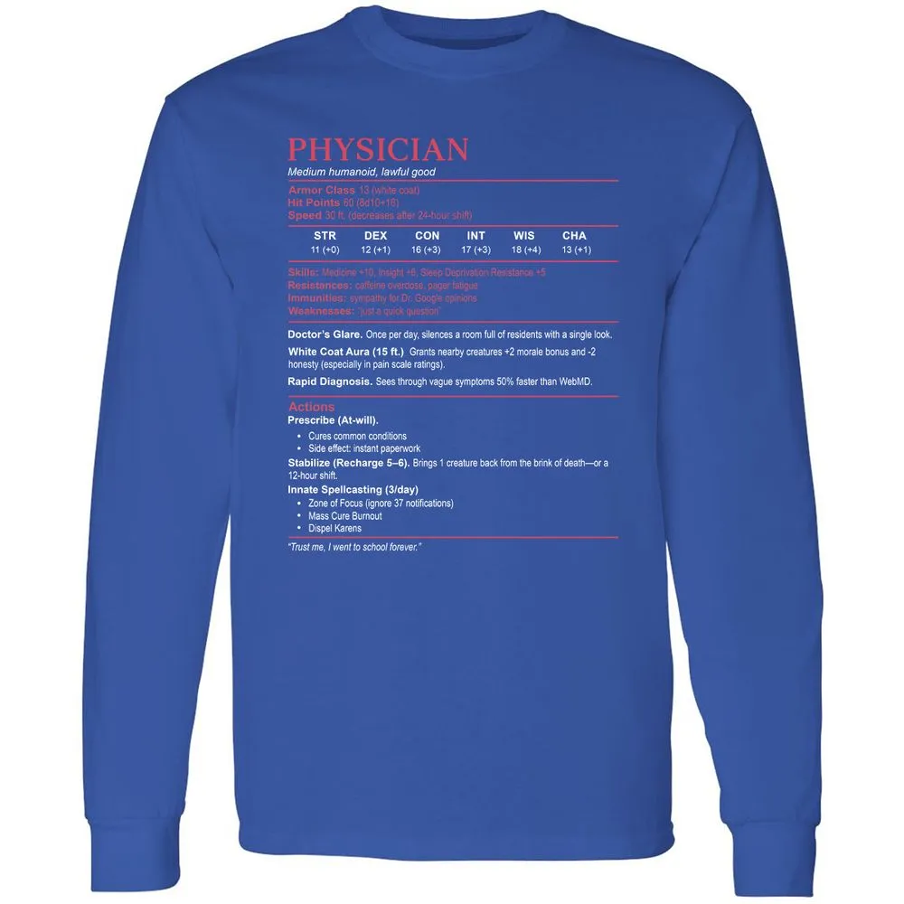 Physician Stats Long Sleeve T-Shirt - Royal - 8
