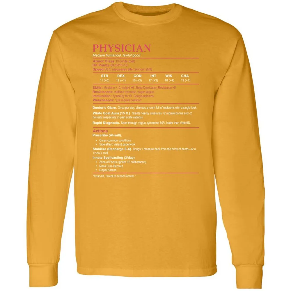 Physician Stats Long Sleeve T-Shirt - Gold - 9