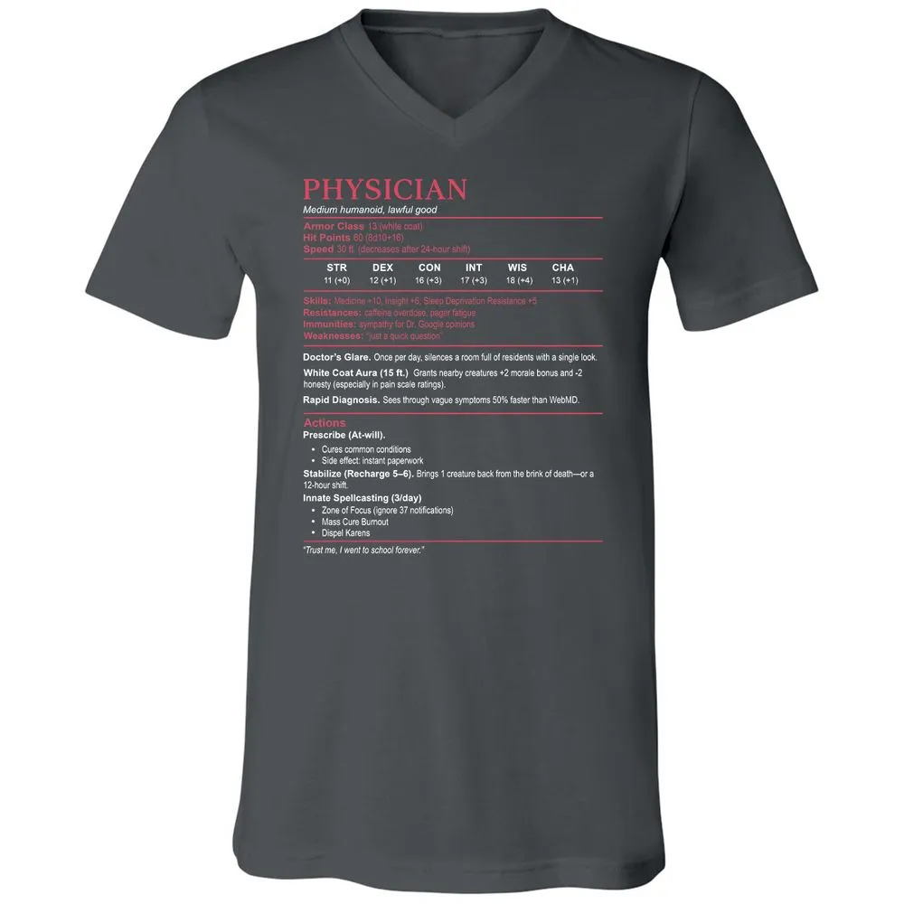 Physician Stats Unisex V-Neck T-Shirt - Asphalt - 12