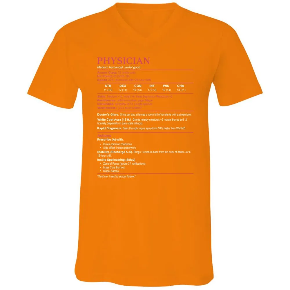 Physician Stats Unisex V-Neck T-Shirt - Orange - 11