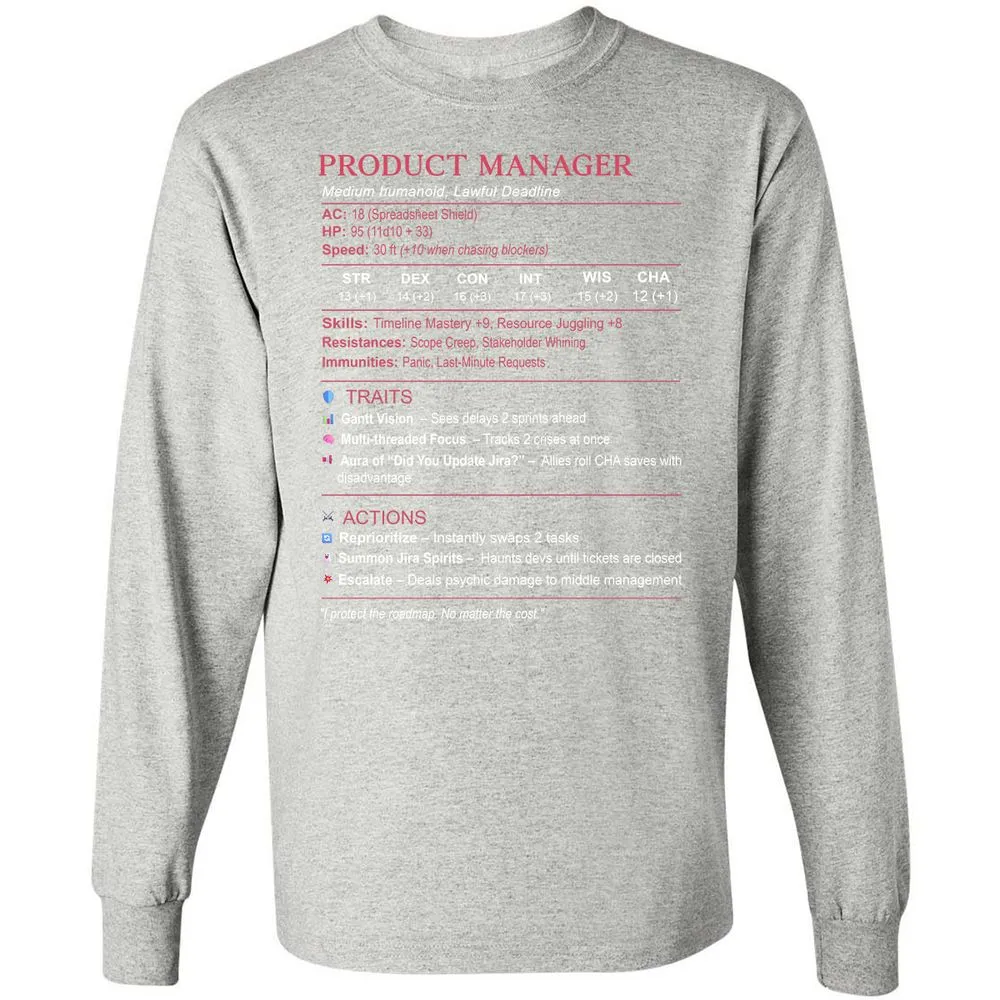 Product Manager Stats (PM) Long Sleeve T-Shirt - Ash - 7