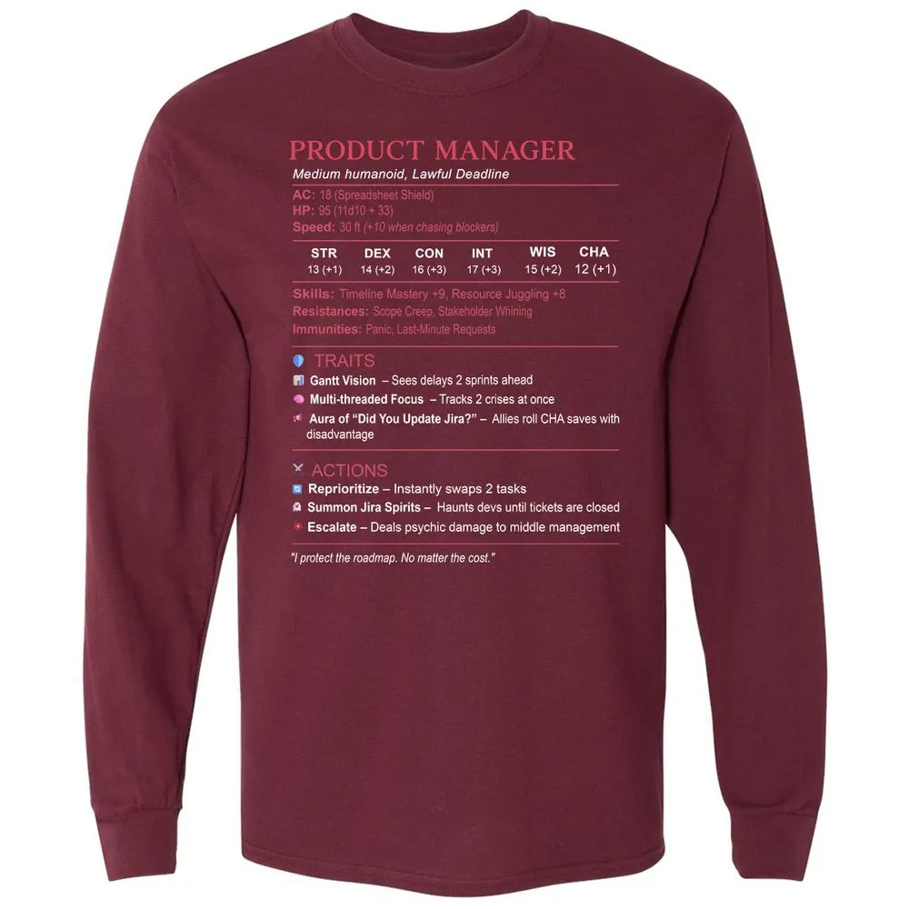 Product Manager Stats (PM) Long Sleeve T-Shirt - Maroon - 11