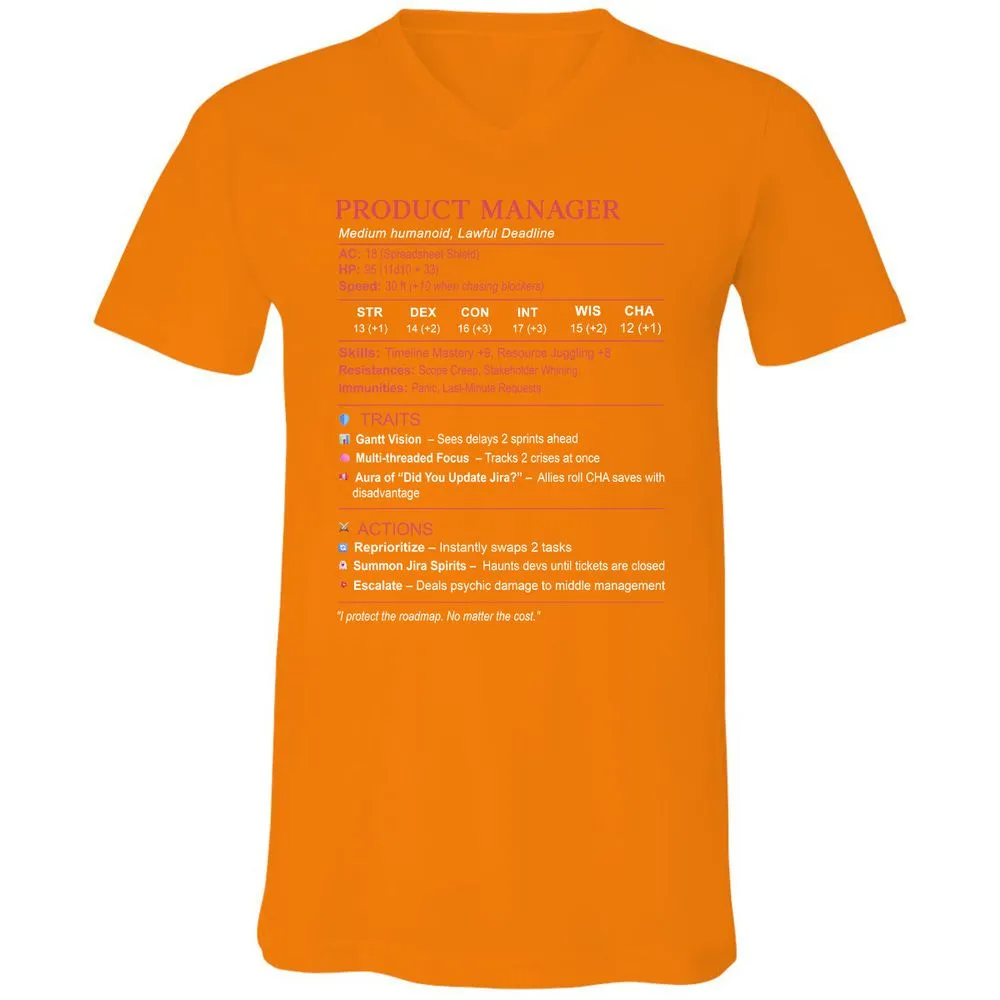 Product Manager Stats (PM) Unisex V-Neck T-Shirt - Orange - 11