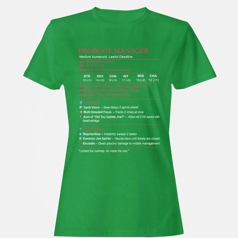 Product Manager Stats (PM) Women's T-Shirt - Irish Green - 7