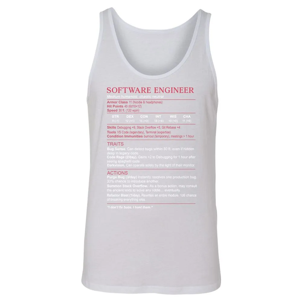 Software Engineer Stats Unisex Jersey Tank - White - 14