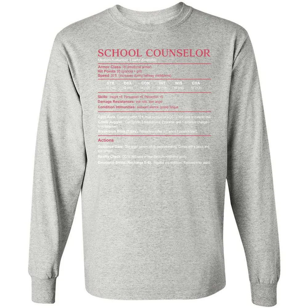 School Counselor Stats Long Sleeve T-Shirt - Ash - 7