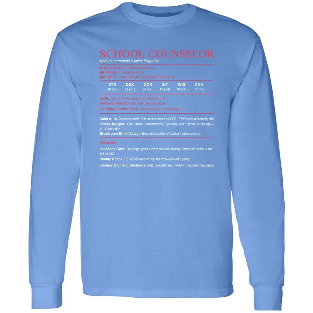 School Counselor Stats Long Sleeve T-Shirt - Carolina Blue - 12