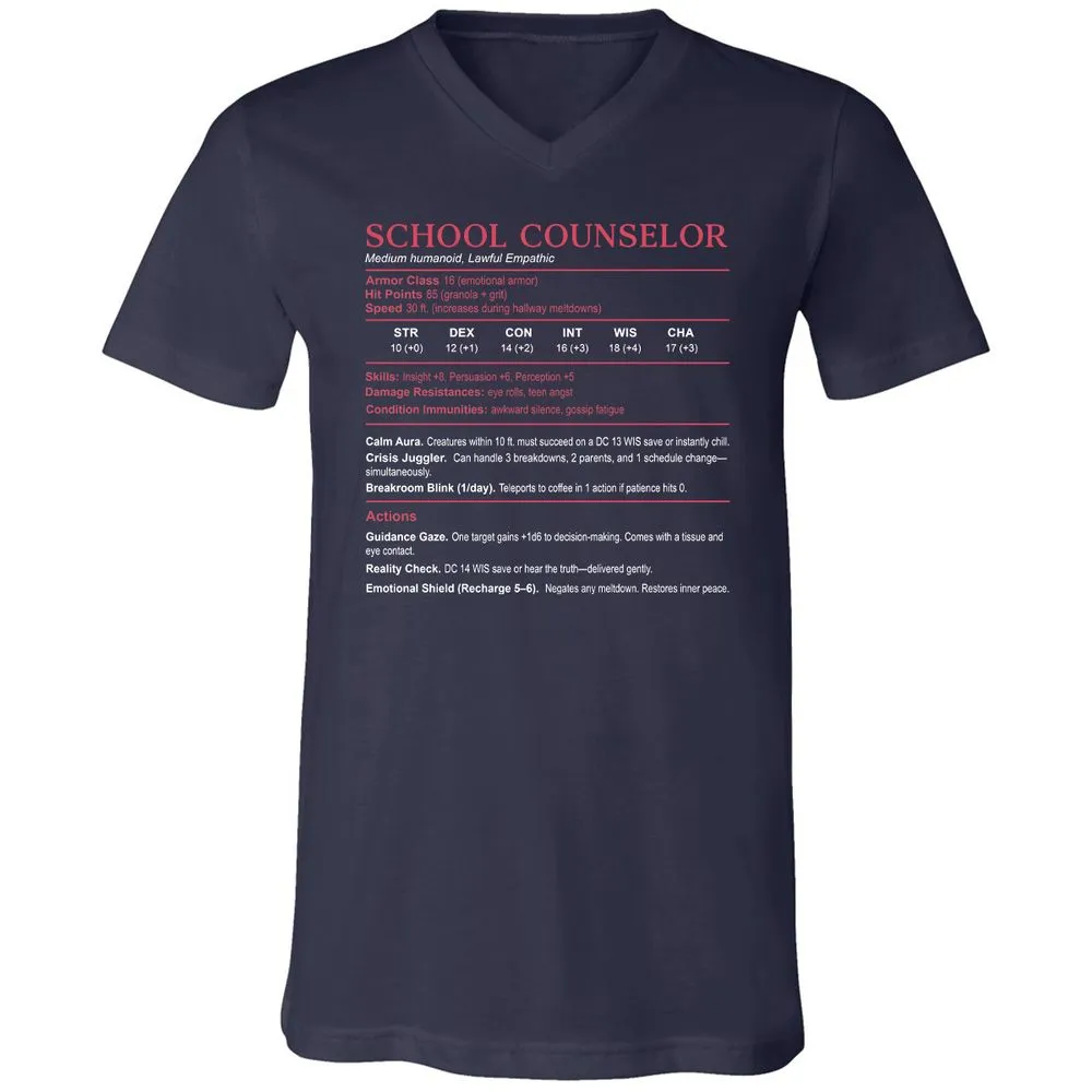 School Counselor Stats Unisex V-Neck T-Shirt - Navy - 2