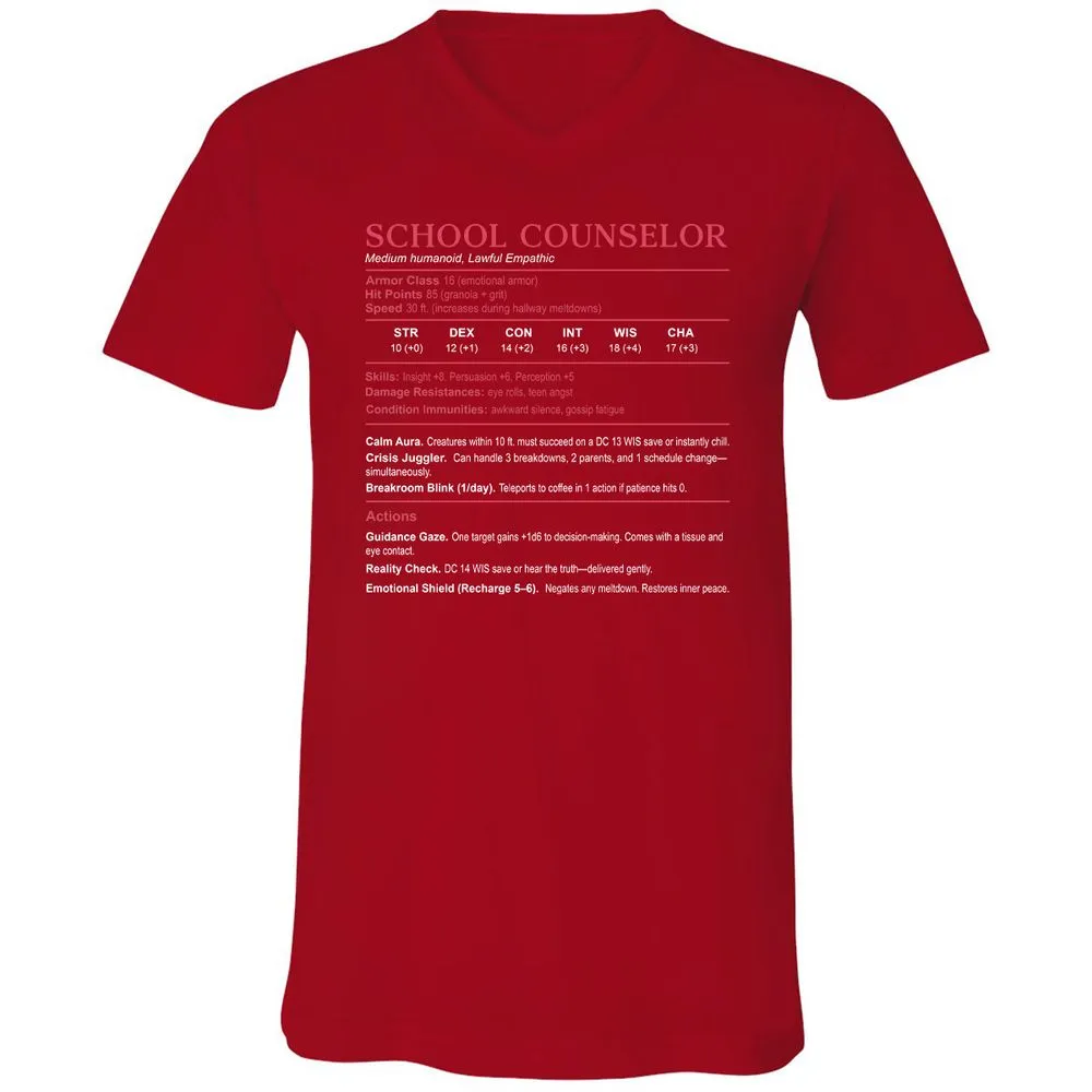 School Counselor Stats Unisex V-Neck T-Shirt - Red - 3