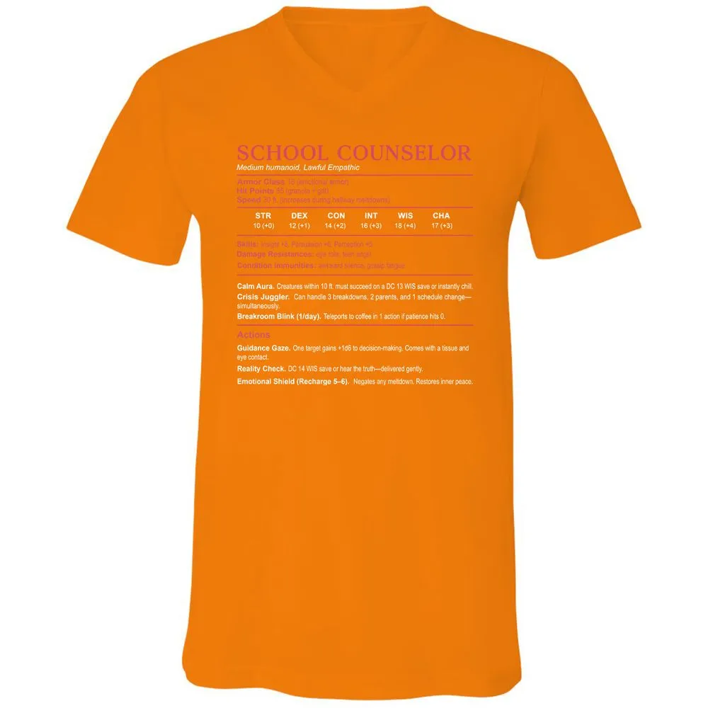 School Counselor Stats Unisex V-Neck T-Shirt - Orange - 11