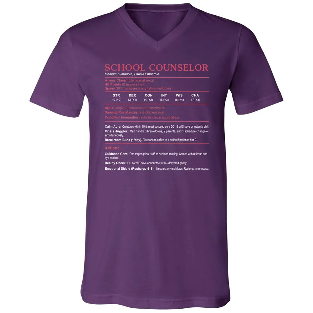 School Counselor Stats Unisex V-Neck T-Shirt - Team Purple - 9