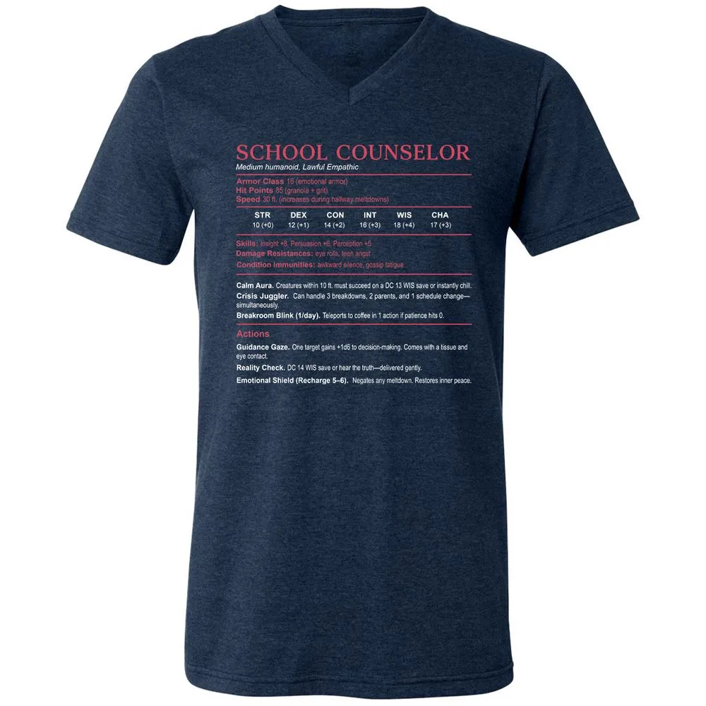 School Counselor Stats Unisex V-Neck T-Shirt - Heather Navy - 15