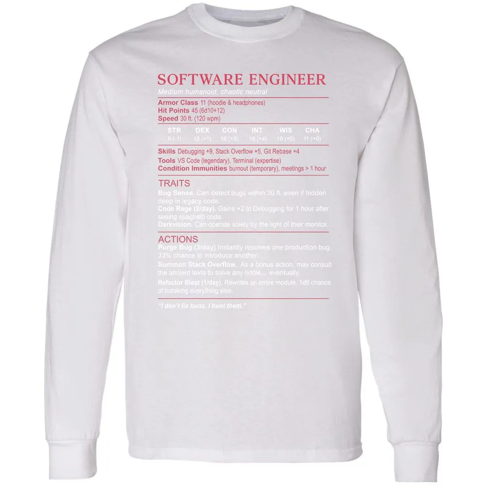 Software Engineer Stats Long Sleeve T-Shirt - White - 5