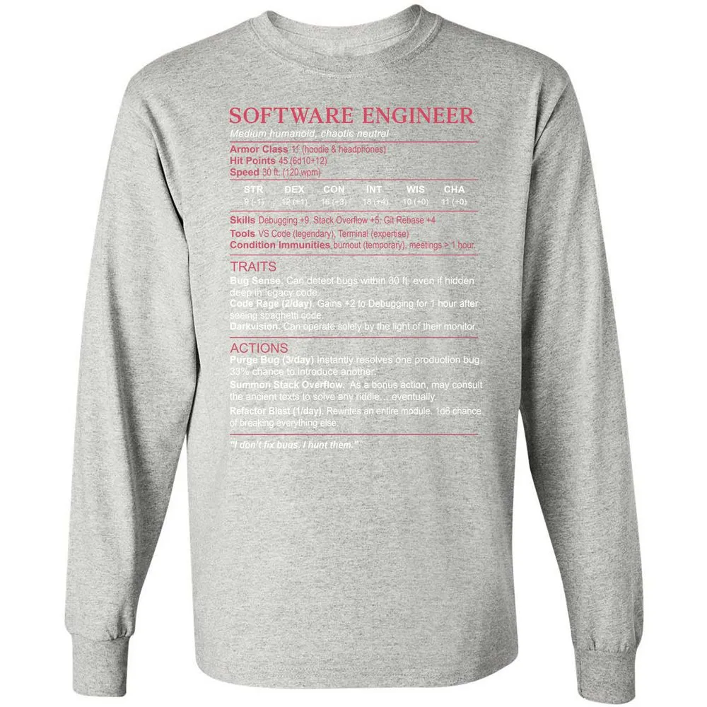 Software Engineer Stats Long Sleeve T-Shirt - Ash - 7