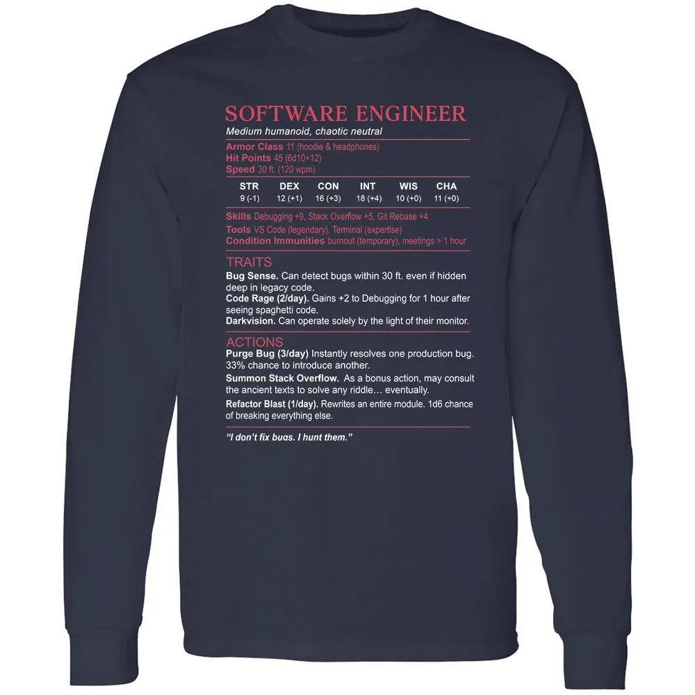 Software Engineer Stats Long Sleeve T-Shirt - Navy - 2
