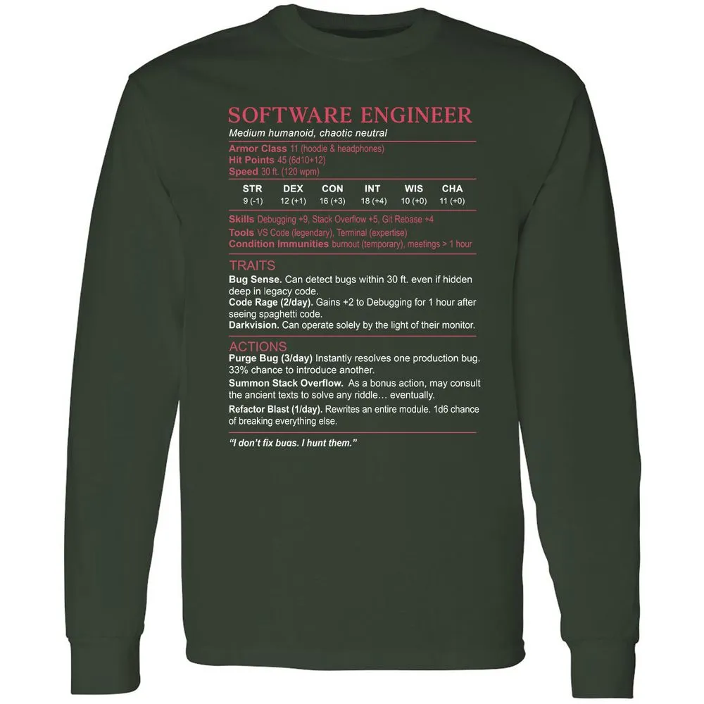 Software Engineer Stats Long Sleeve T-Shirt - Forest Green - 4