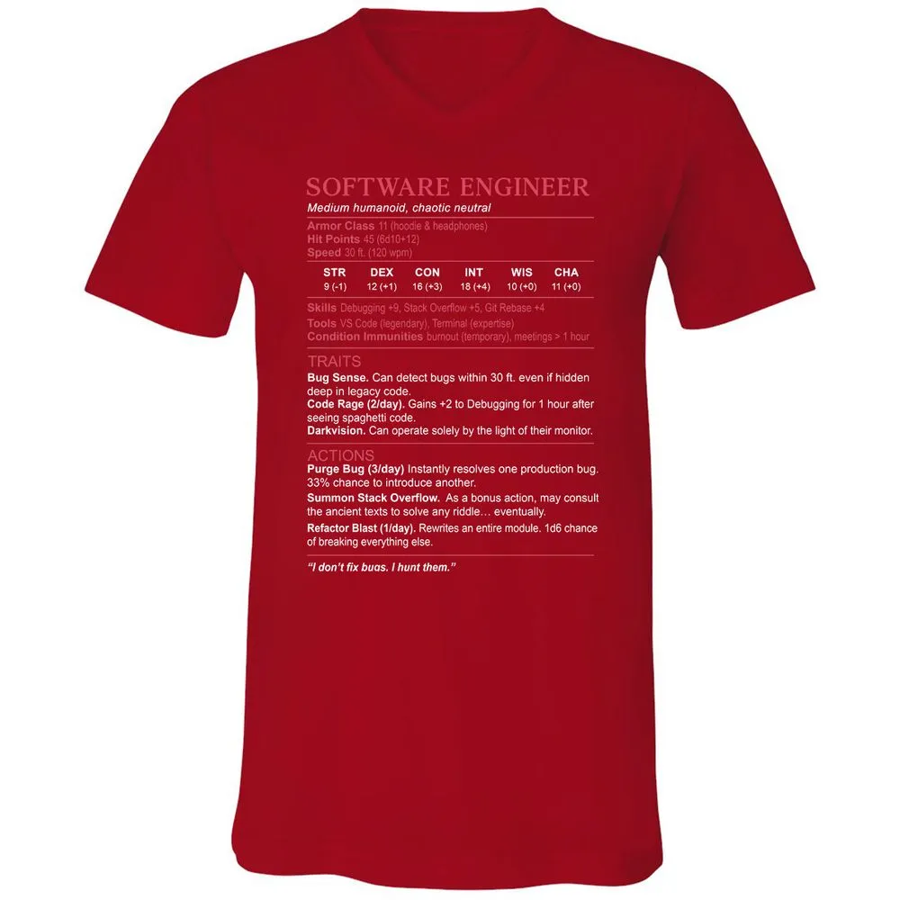 Software Engineer Stats Unisex V-Neck T-Shirt - Red - 3