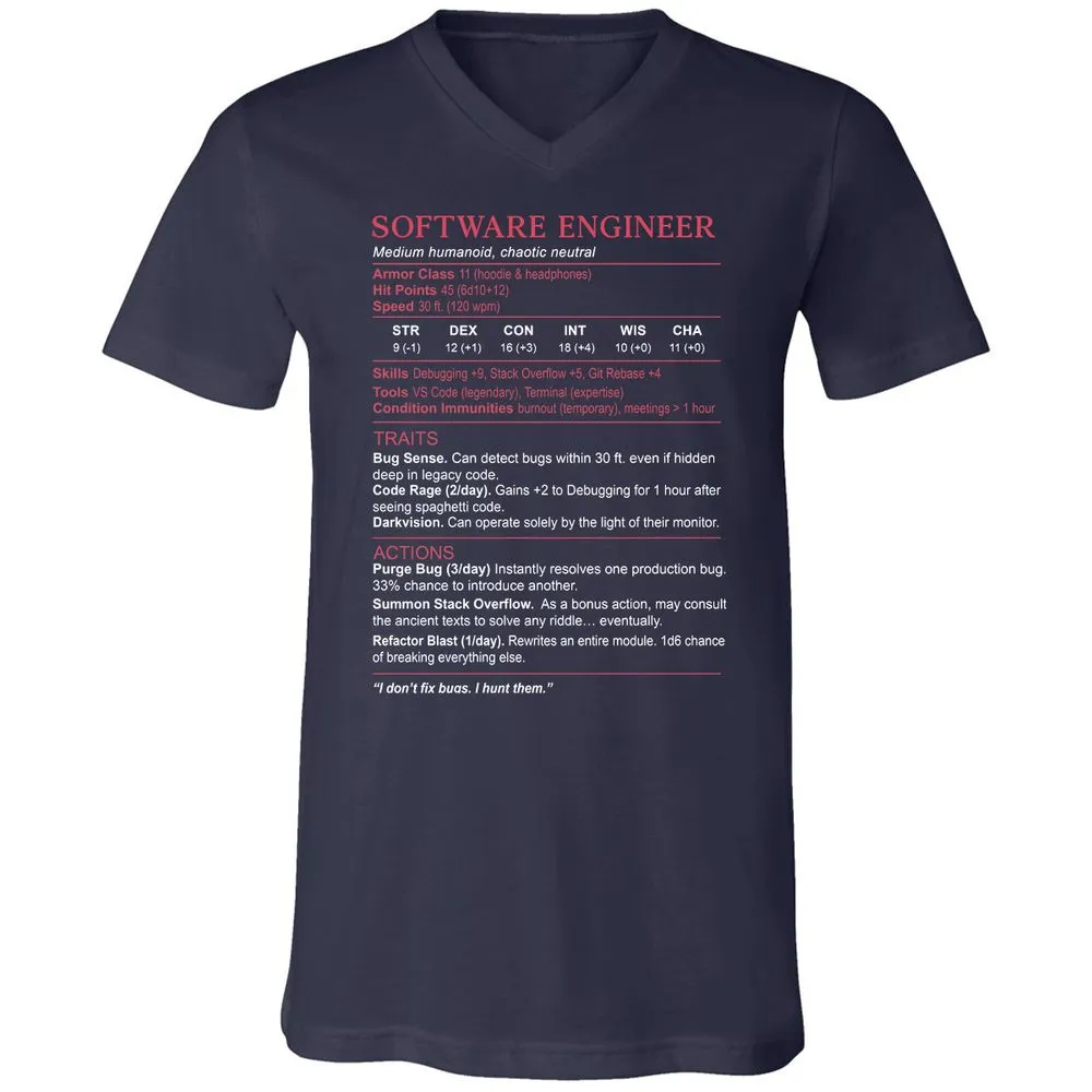 Software Engineer Stats Unisex V-Neck T-Shirt - Navy - 2