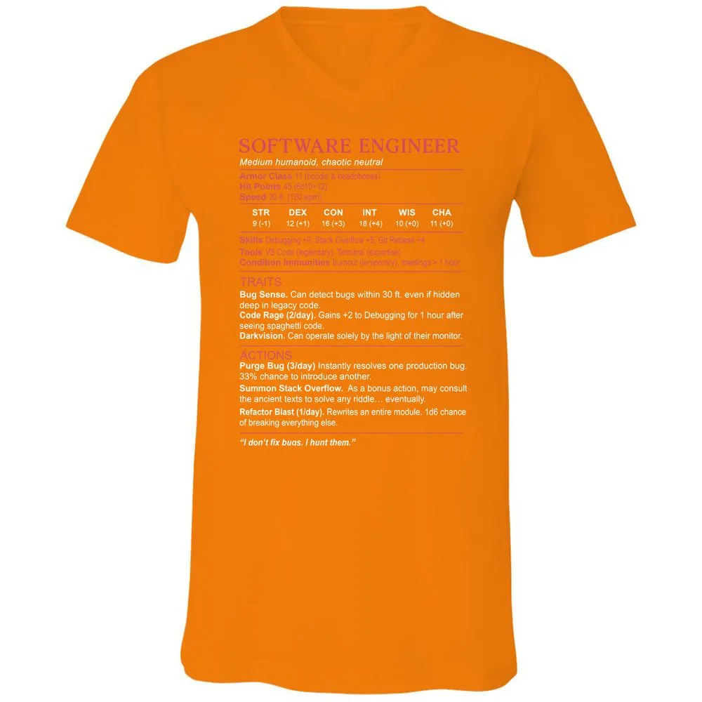 Software Engineer Stats Unisex V-Neck T-Shirt - Orange - 11