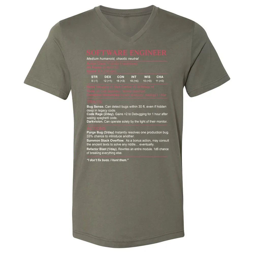 Software Engineer Stats Unisex V-Neck T-Shirt - Military Green - 10