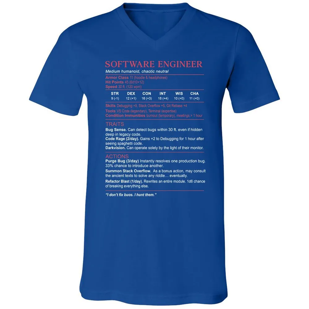 Software Engineer Stats Unisex V-Neck T-Shirt - True Royal - 4