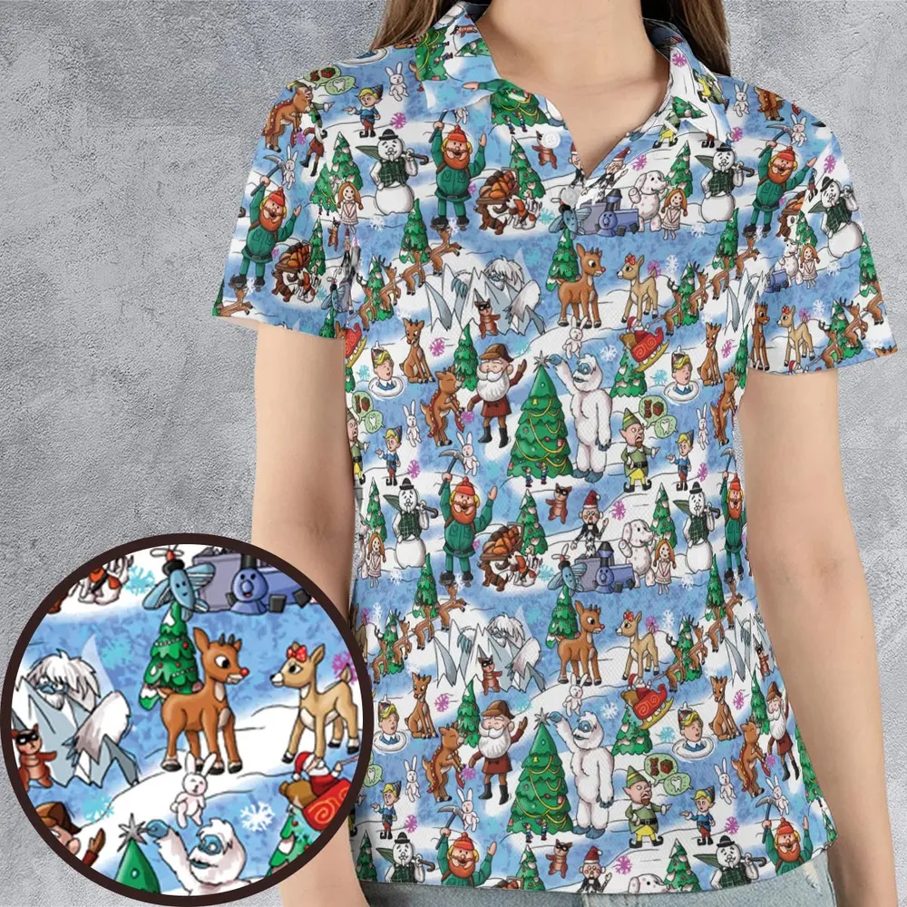 Snowland Rudolph the Red-Nosed Reindeer AOP Men/Women Polo Shirt - 4