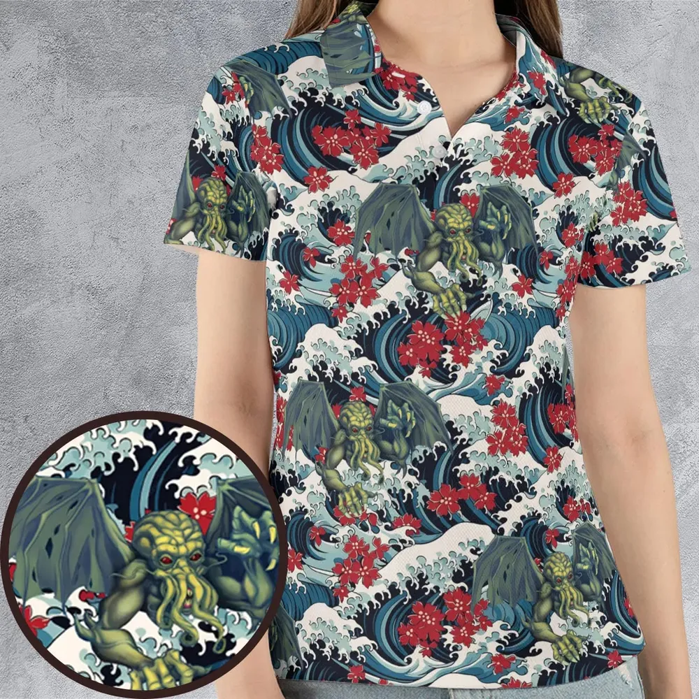 Great Waves Cthulhu AOP Men/Women Polo Shirt - 4