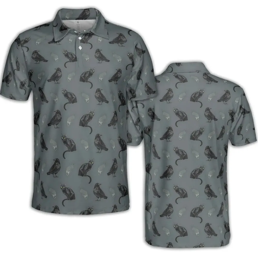 Black Cat and Raven Pattern AOP Men/Women Polo Shirt - 2