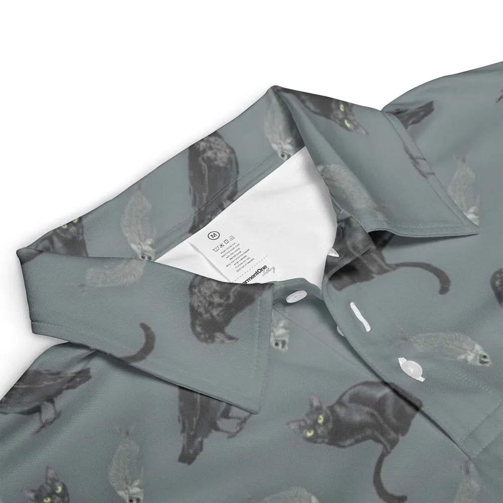 Black Cat and Raven Pattern AOP Men/Women Polo Shirt - 3
