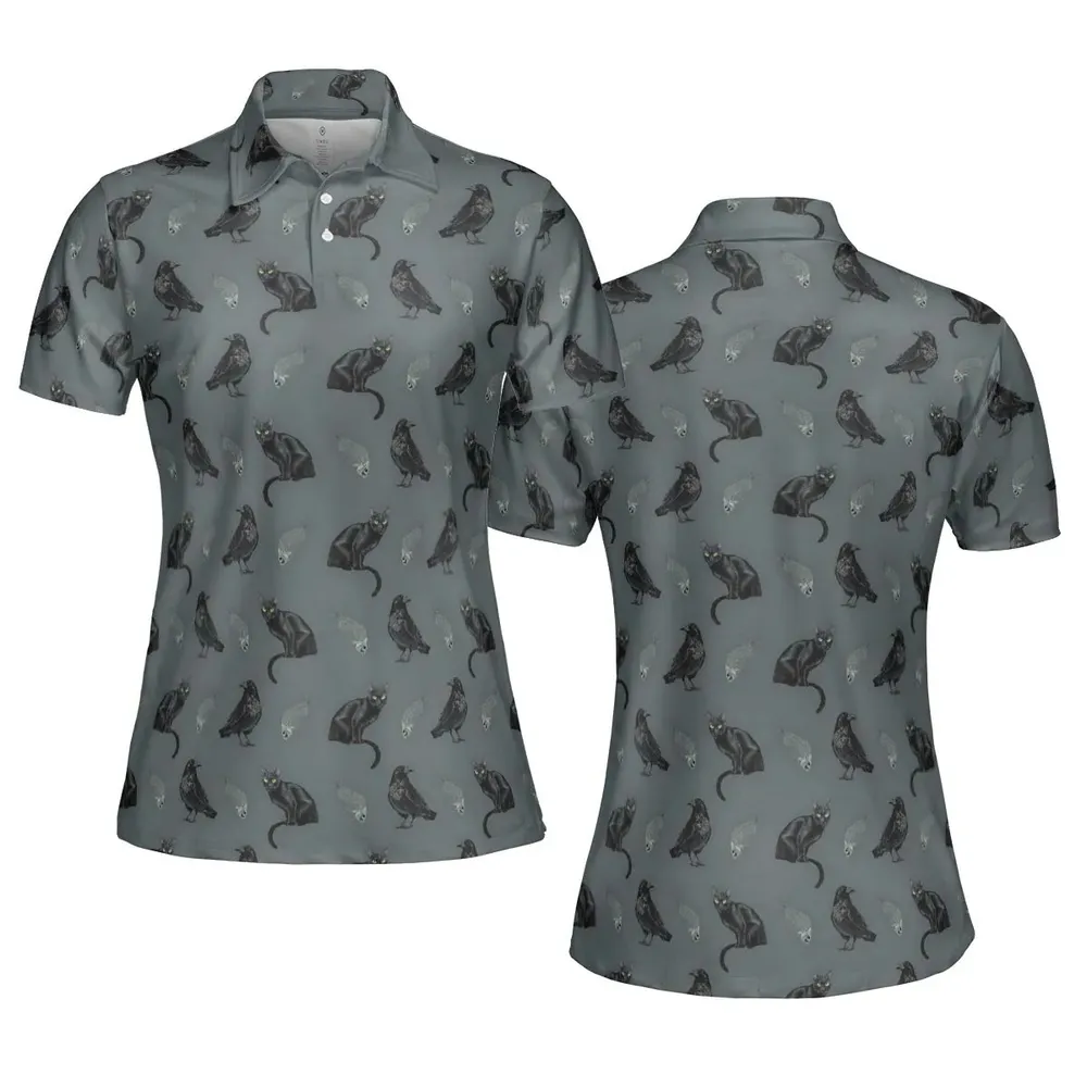 Cat and Raven Edgar Allan Poe Pattern AOP Men/Women Polo Shirt - 5