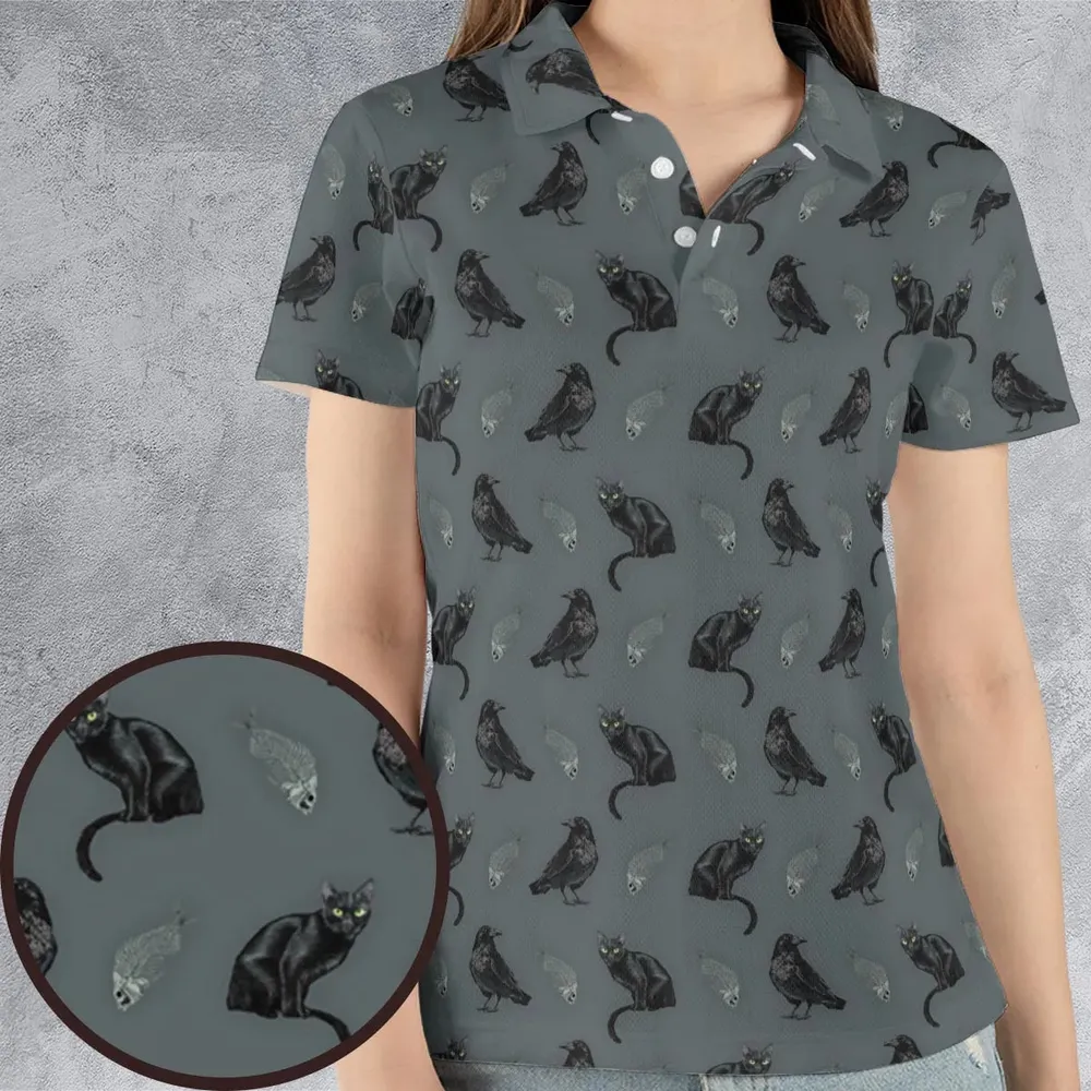 Cat and Raven Edgar Allan Poe Pattern AOP Men/Women Polo Shirt - 4
