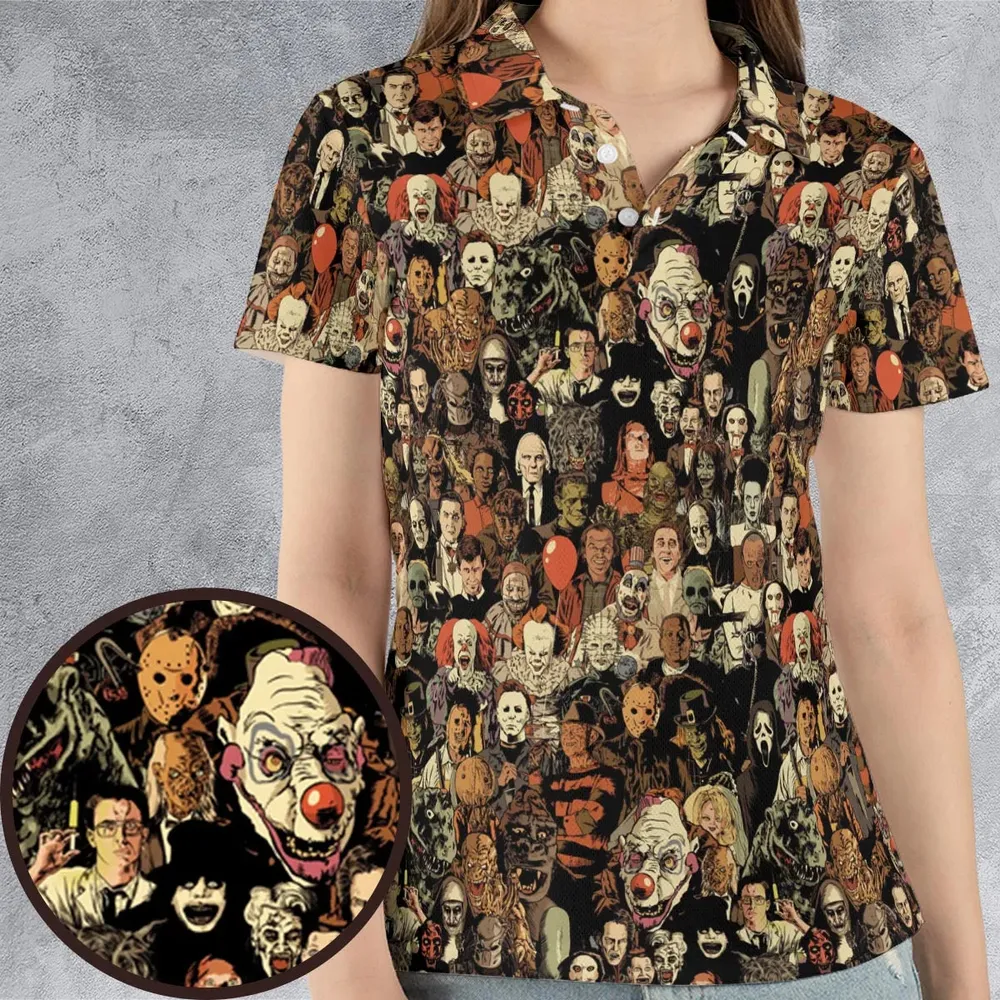 Horror Movie Characters Halloween Pattern AOP Men/Women Polo Shirt - 4