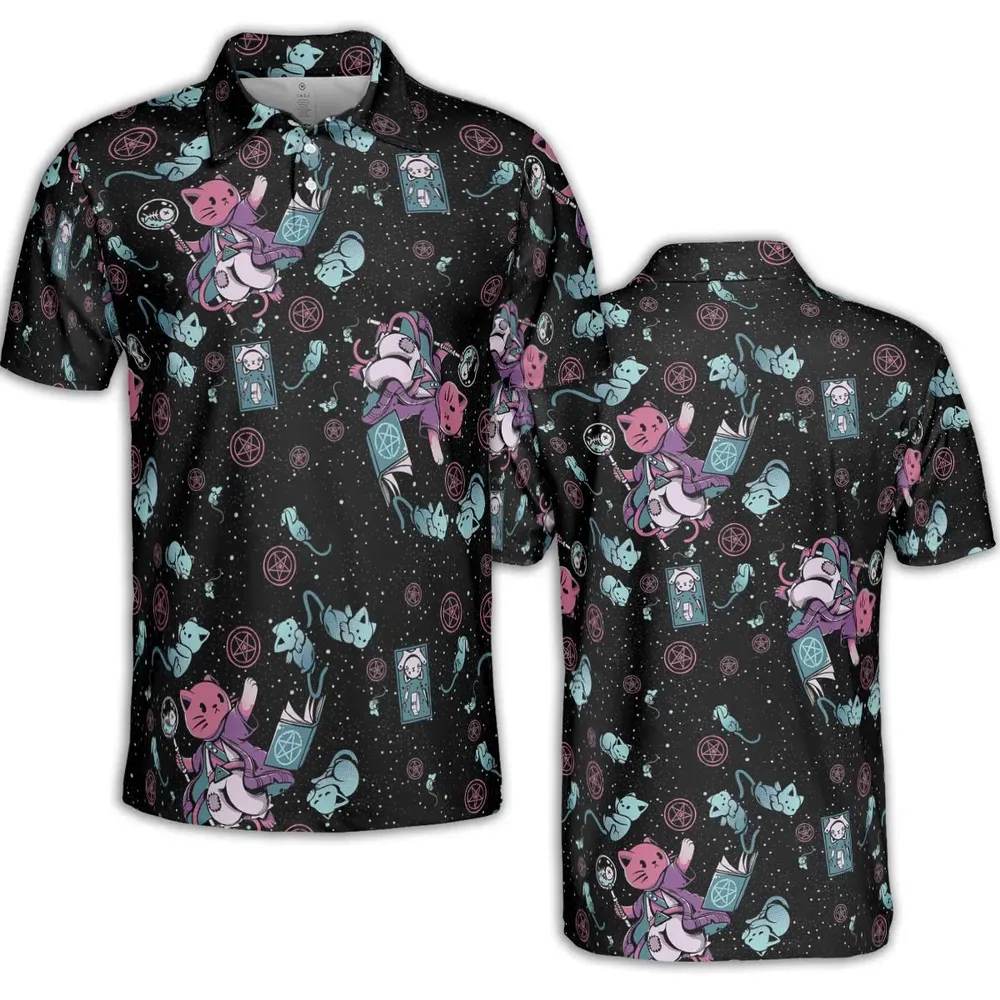 Necromancer Cat Pattern AOP Men/Women Polo Shirt - 2
