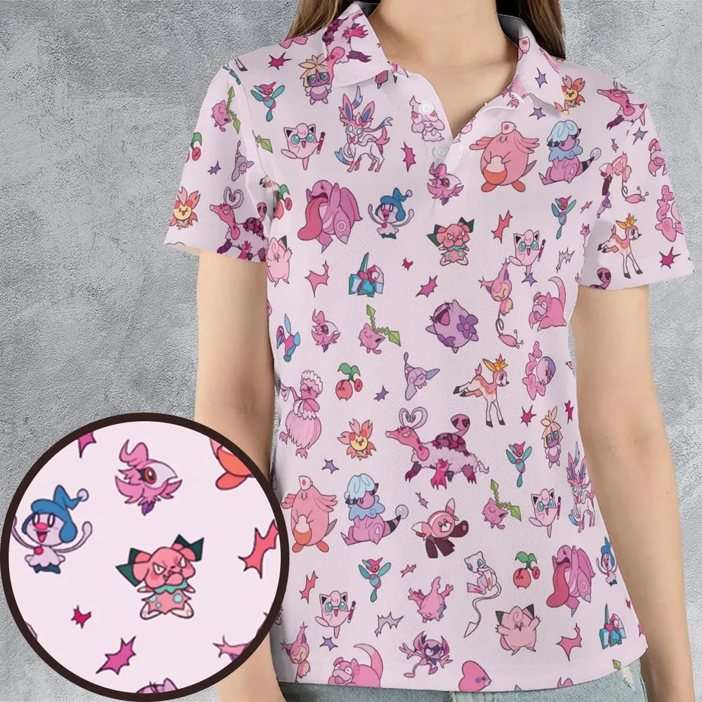 Team Pink Pokemon Pattern AOP Men/Women Polo Shirt - 4