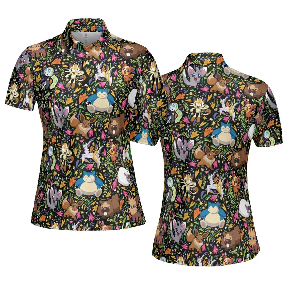 Floral Snorlax Bidoof Eevee Meloetta Pokemon AOP Men/Women Polo Shirt - 5