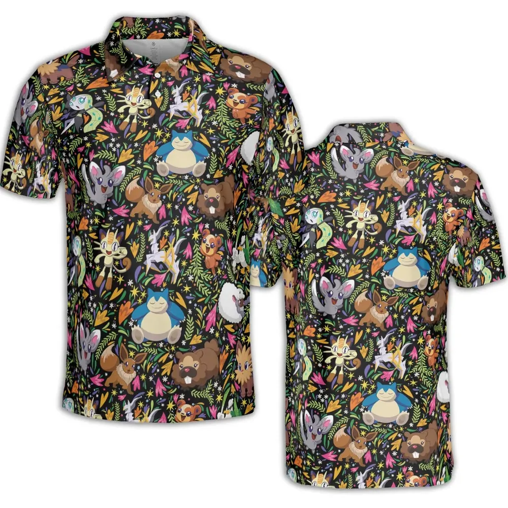 Floral Snorlax Bidoof Eevee Meloetta Pokemon AOP Men/Women Polo Shirt - 2