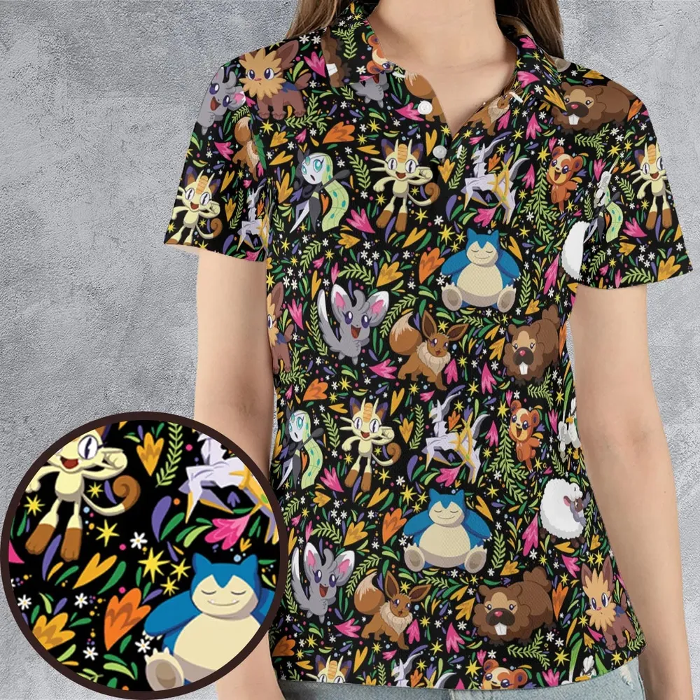 Floral Snorlax Bidoof Eevee Meloetta Pokemon AOP Men/Women Polo Shirt - 4