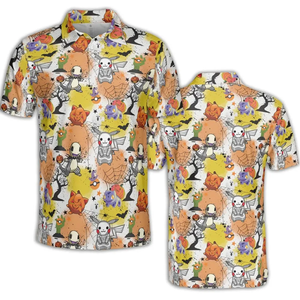 Spooky Costume Pikachu Charmander Jigglypuff Bulbasaur Pokemon AOP Men/Women Polo Shirt - 2