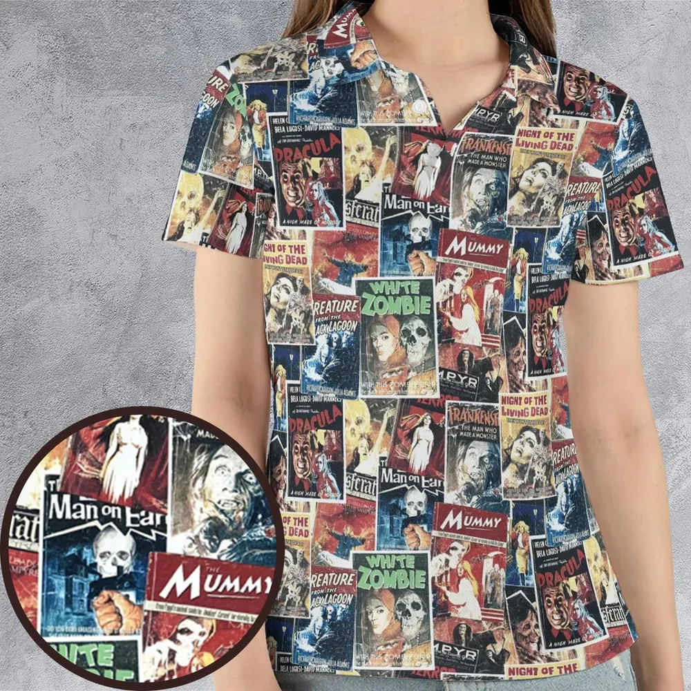 Pioneering '50s Classics Monster Hammer Horror Films AOP Men/Women Polo Shirt - 4